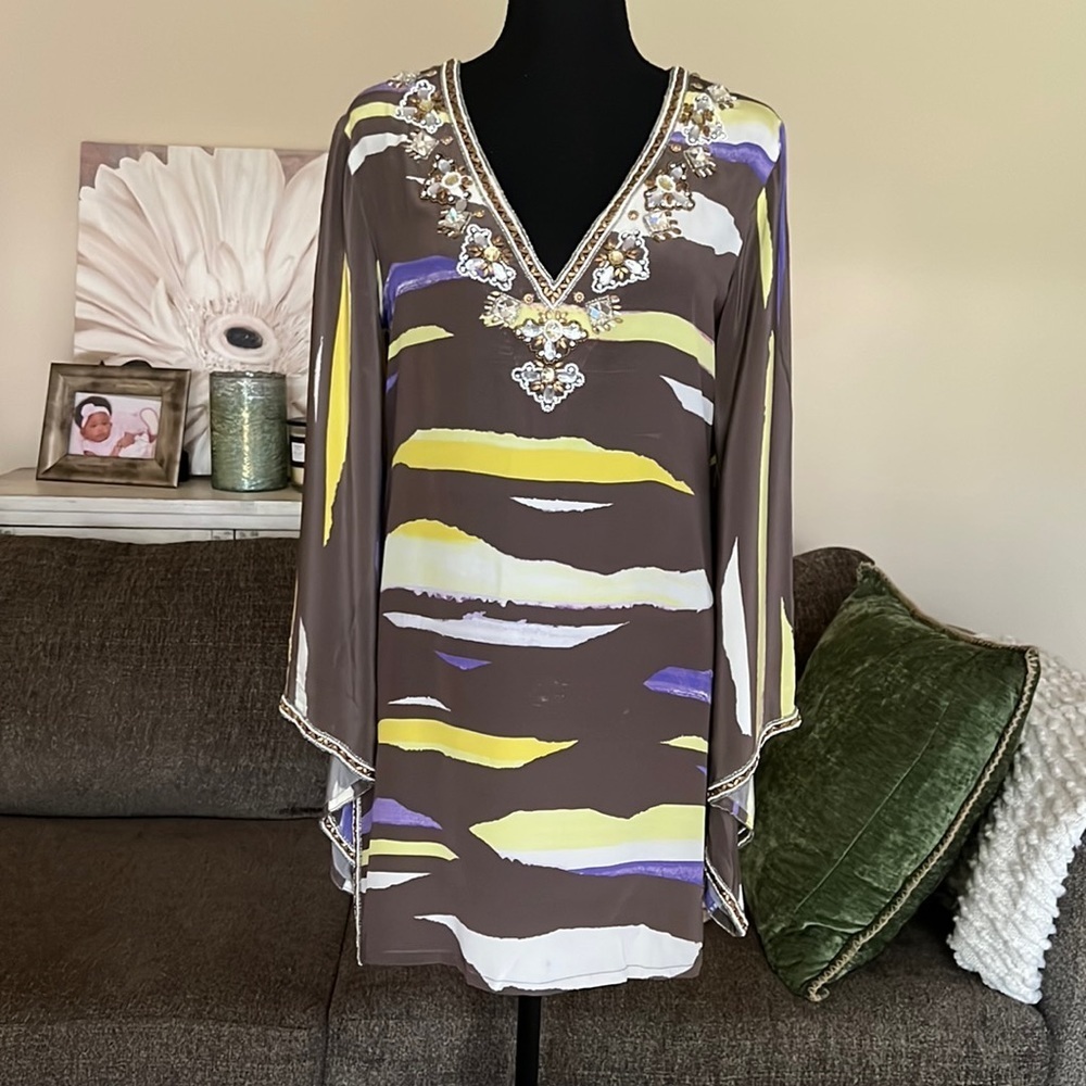 Taj‎ By Sabrina Crippa Silk Beaded tunic Multi Color Top Size M